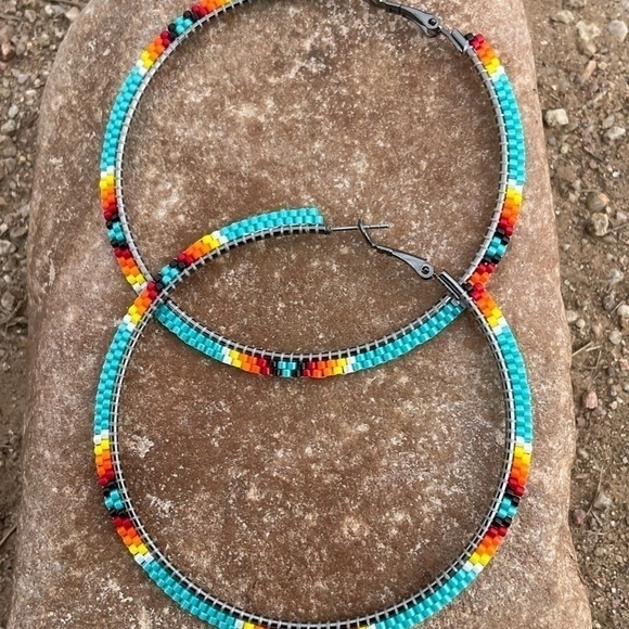 Turquoise with Native Colors Beaded 3” Hoops, New, Handmade by Me - Picture 5 of 9